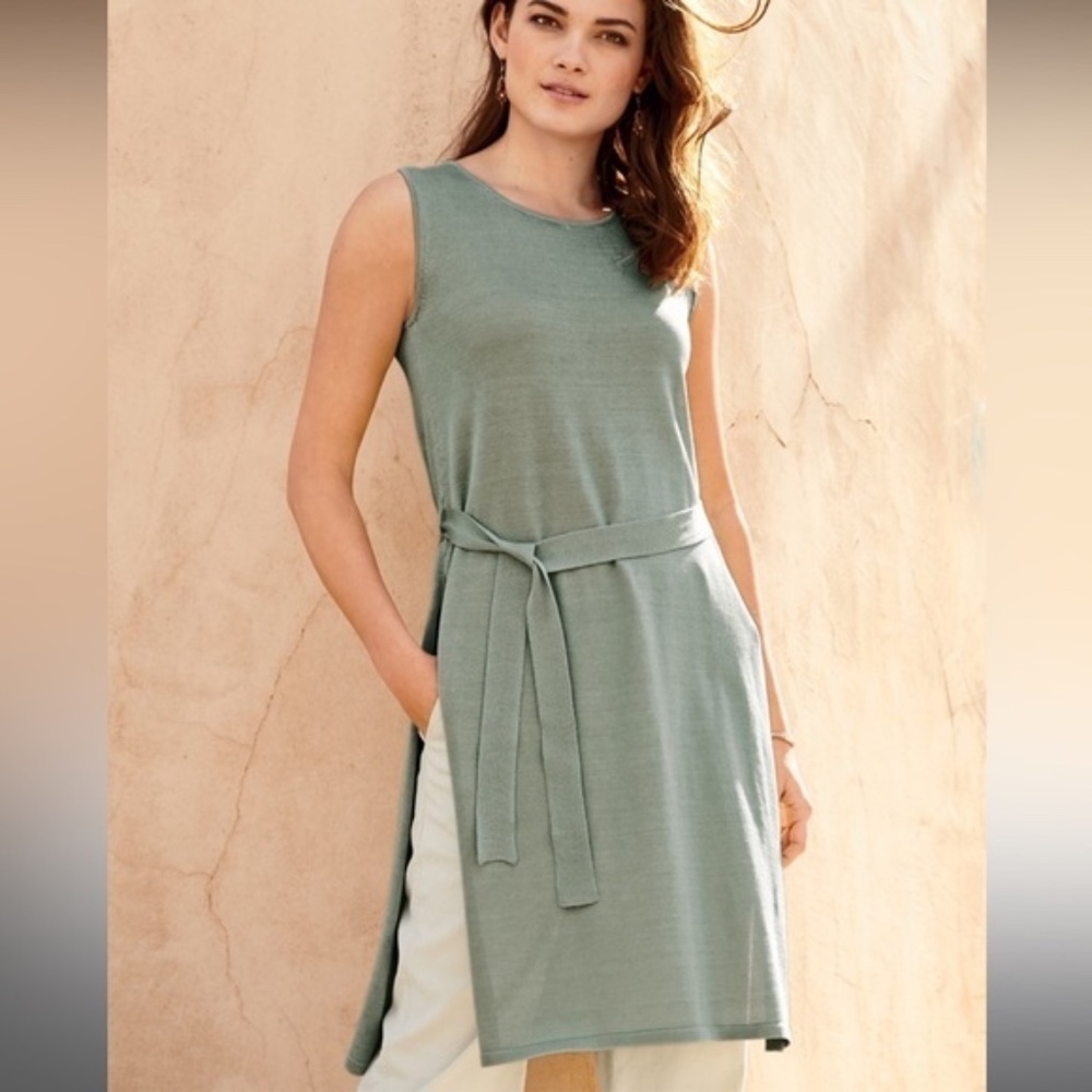 Monteau Sz 2X Teal Sleeveess Midi Tank Dress Belted Sage Front‎ Pockets